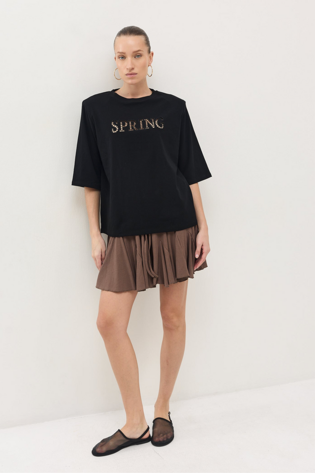 חולצת SPRING תחרה כריות כתפיים נשלפות שחורה