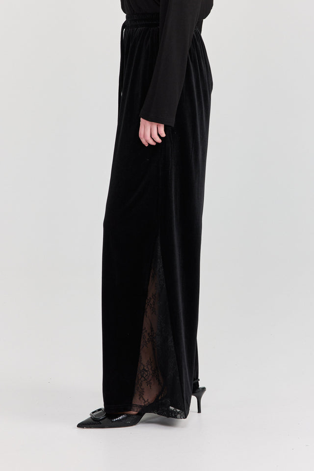 מכנסיים ספיריט מתרחבים גומי קטיפה משולש תחרה שחורים