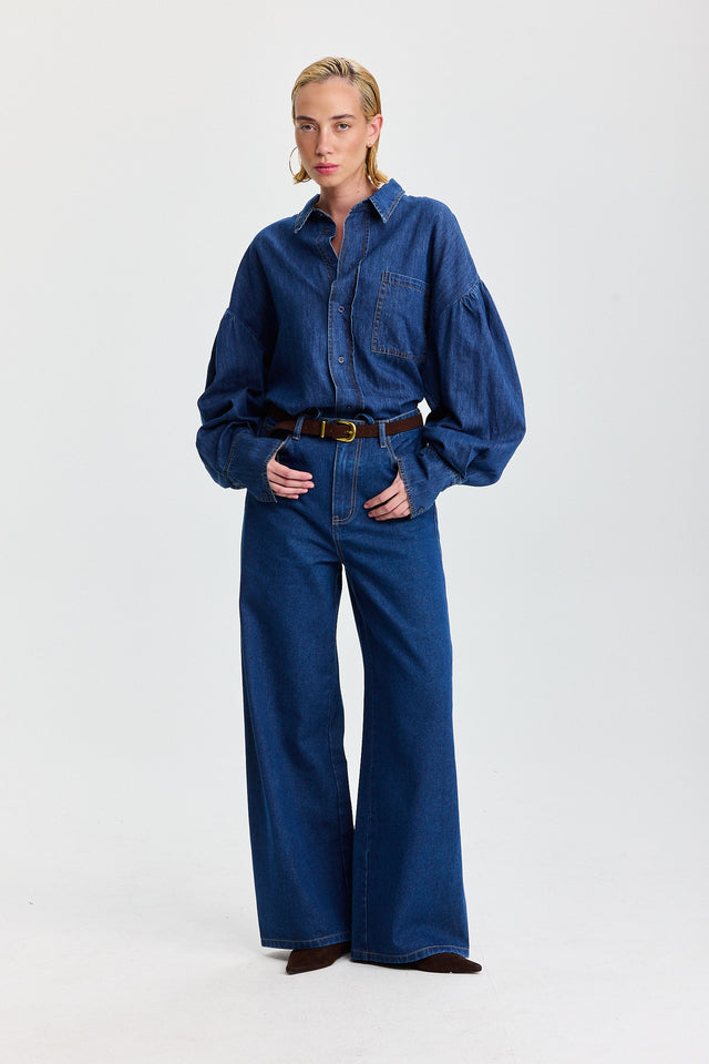 חולצת ג׳ינס פרפקט מכופתרת שרוולים תפוחים כחול כהה