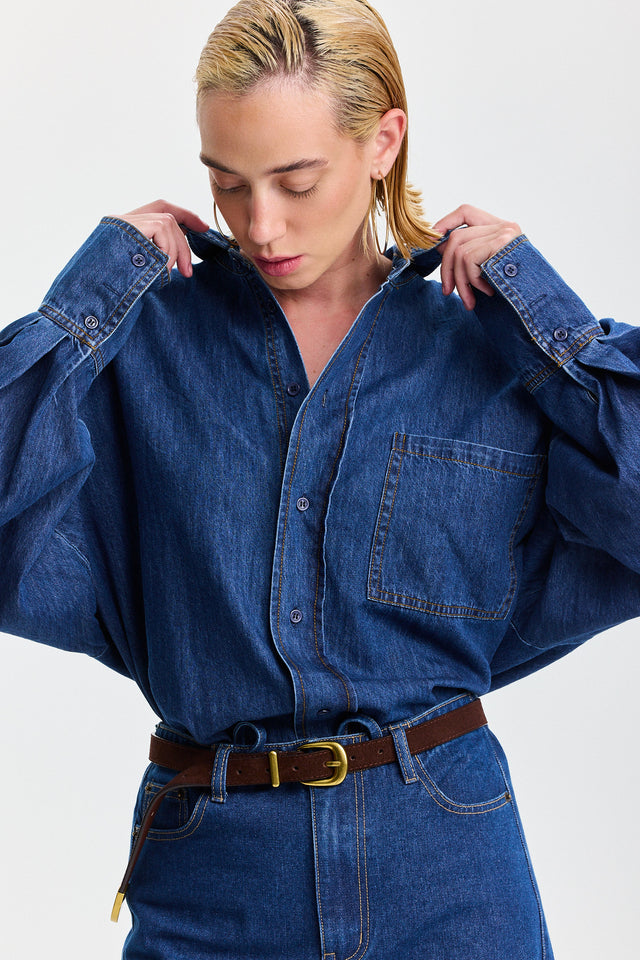 חולצת ג׳ינס פרפקט מכופתרת שרוולים תפוחים כחול כהה