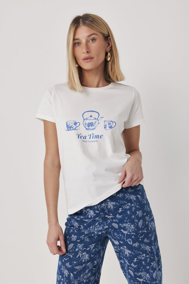 חולצת T פורצלן שרוול קצר לבנה