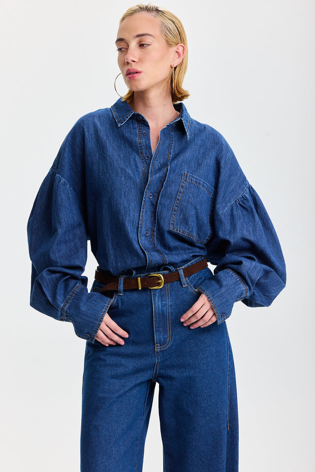 חולצת ג׳ינס פרפקט מכופתרת שרוולים תפוחים כחול כהה