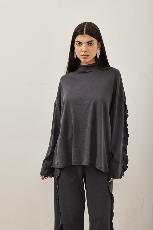 חולצת מיני גולף פפלום בשרוולים אפור