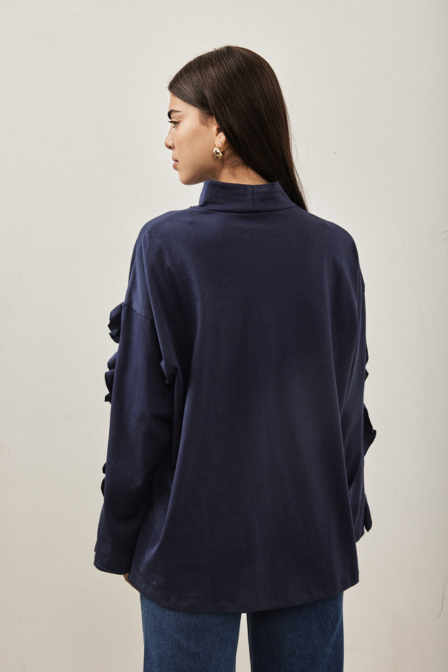 חולצת מיני גולף פפלום בשרוולים כחול נייבי