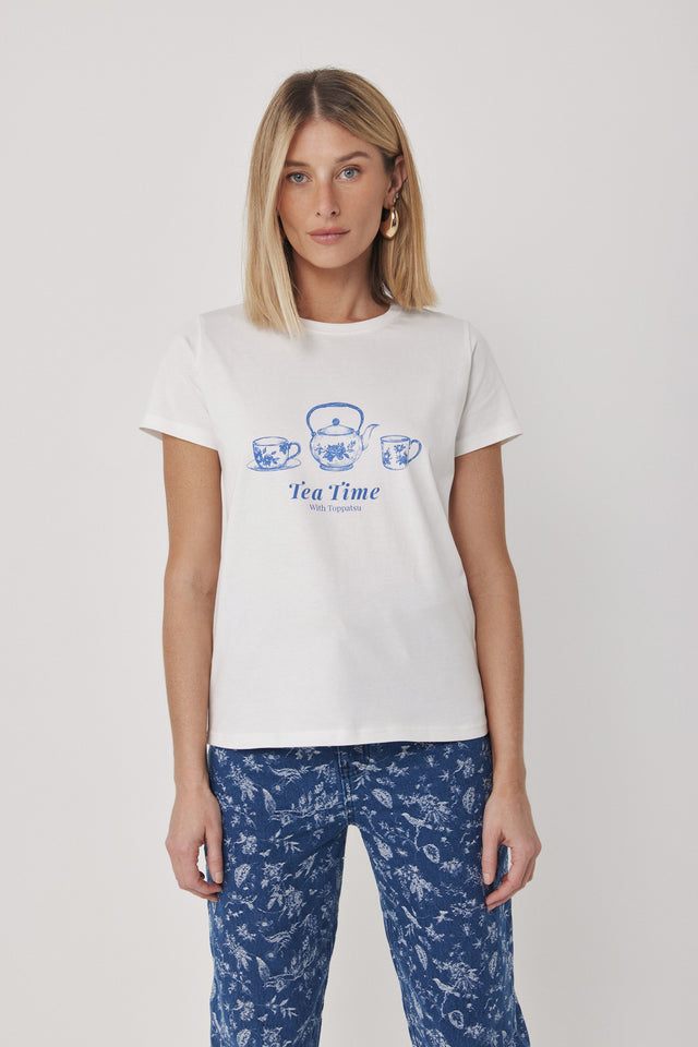 חולצת T פורצלן שרוול קצר לבנה