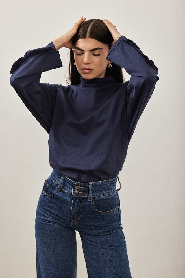 חולצת מיני גולף פפלום בשרוולים כחול נייבי