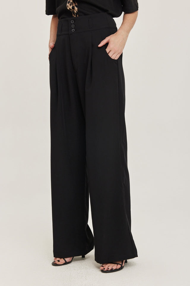 מכנסיים מחוייטים קרמבו חגורה רחבה קפלים שחורים