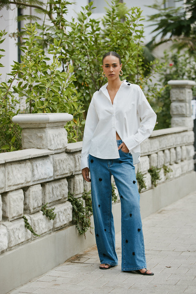 מכנסי ג'ינס פלוראל וואש כחול