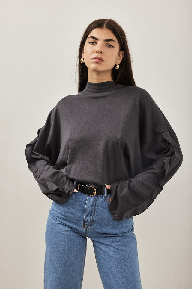 חולצת מיני גולף פפלום בשרוולים אפור