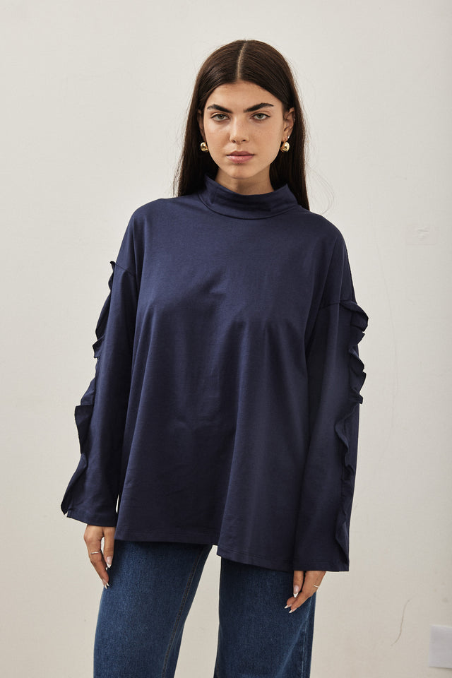 חולצת מיני גולף פפלום בשרוולים כחול נייבי