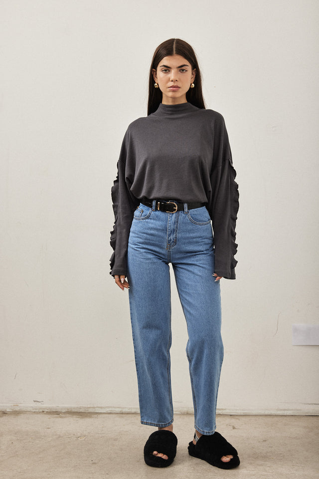 חולצת מיני גולף פפלום בשרוולים אפור