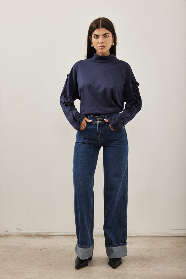 חולצת מיני גולף פפלום בשרוולים כחול נייבי