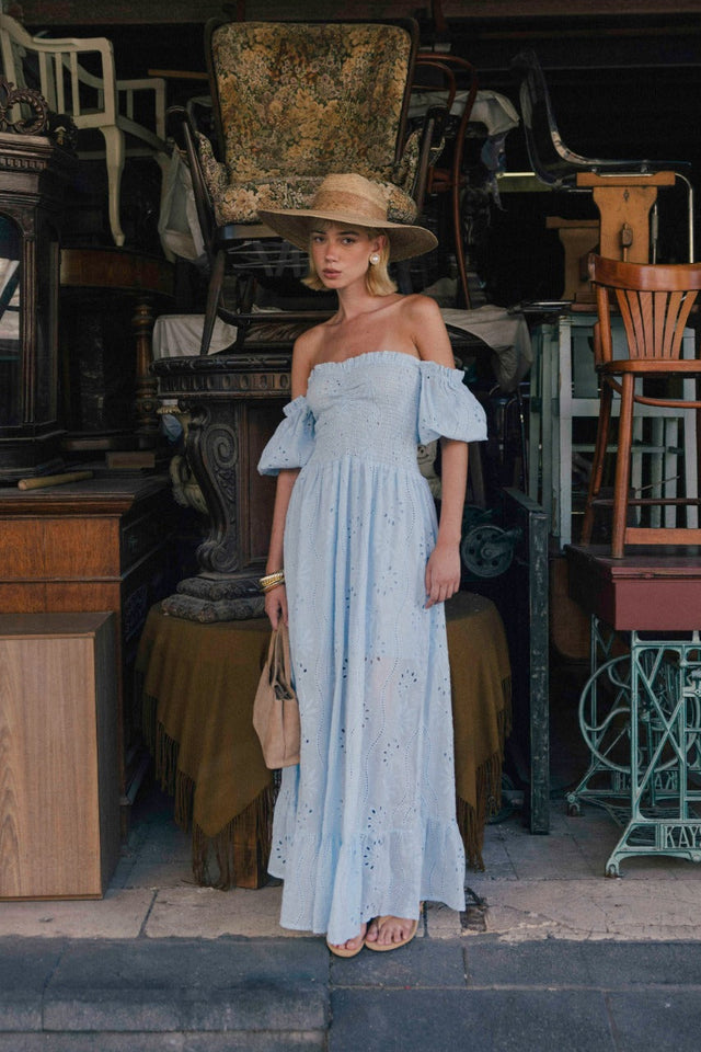 שמלת בוהו ציפקה שרוולים נשלפים תחרה תכלת