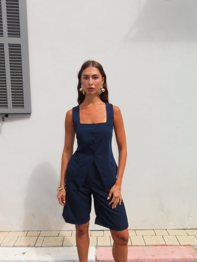 מכנסי קפה ברמודה מחויטים ישרים נייבי