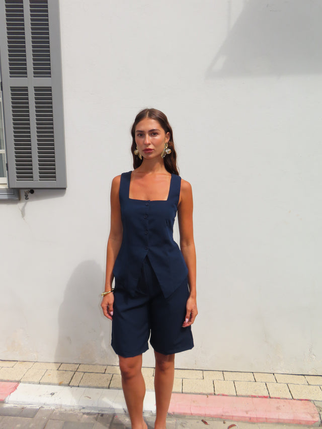 מכנסי קפה ברמודה מחויטים ישרים נייבי