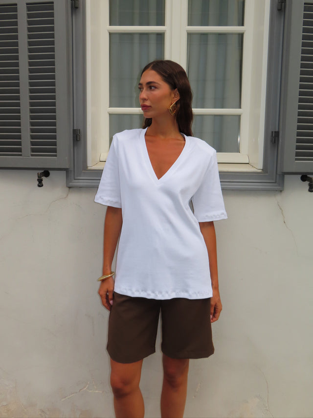 חולצת פנקייק ריב כריות נשלפות מפתח וי לבנה