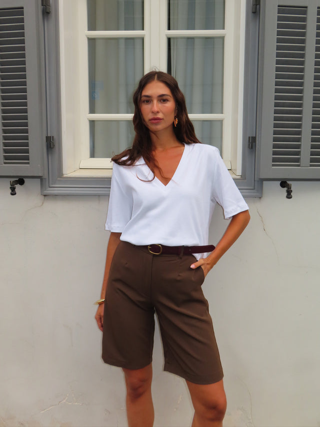 חולצת פנקייק ריב כריות נשלפות מפתח וי לבנה