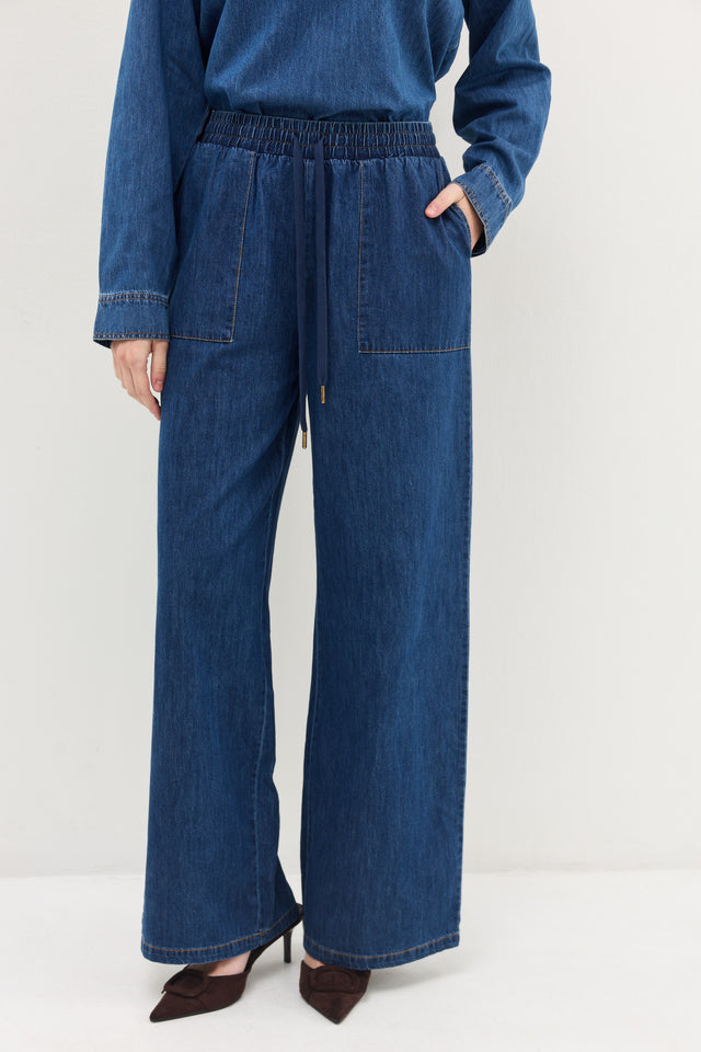 מכנסי ג'ינס זואי גומי במתניים וואש כחול כהה