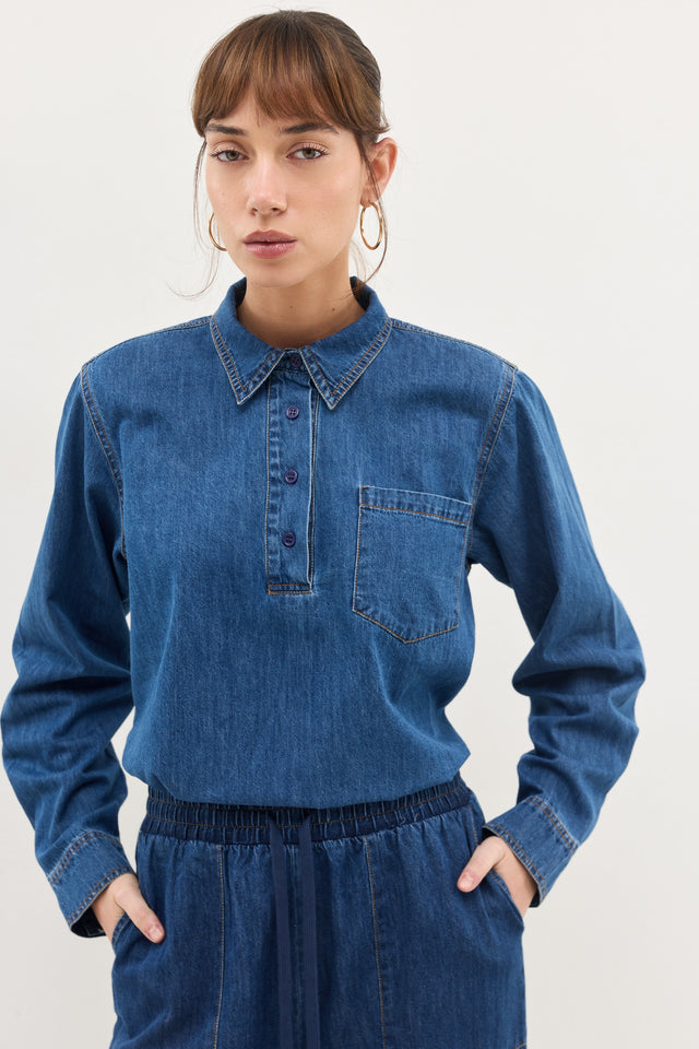 חולצת ג'ינס זואי פולו וואש כחול כהה