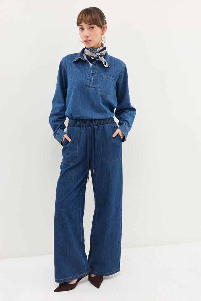 מכנסי ג'ינס זואי גומי במתניים וואש כחול כהה