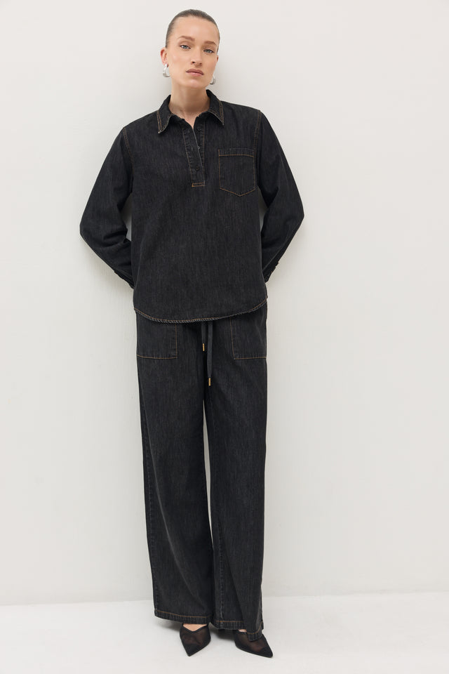 מכנסי ג'ינס זואי גומי במתניים וואש שחור