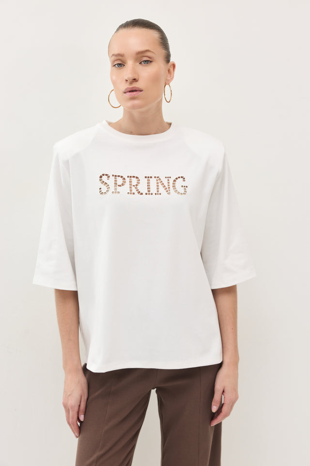 חולצת SPRING תחרה כריות כתפיים נשלפות לבנה