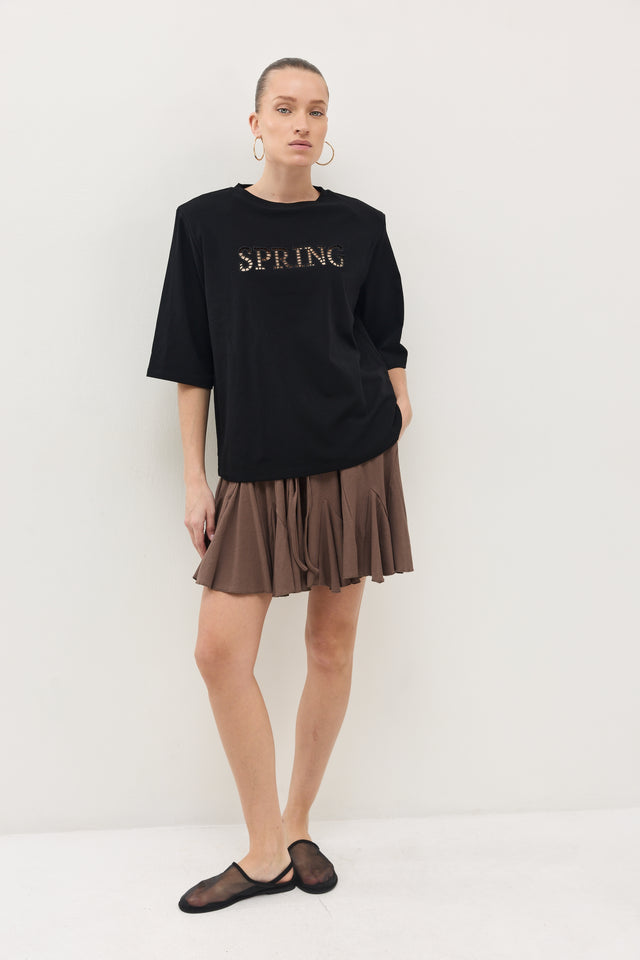 חולצת SPRING תחרה כריות כתפיים נשלפות שחורה