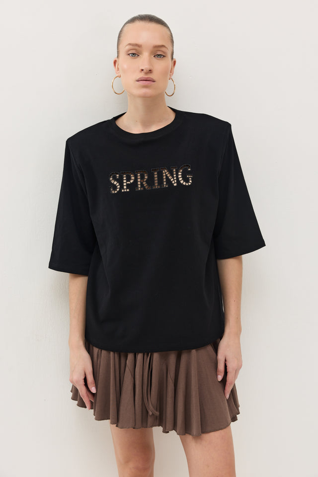 חולצת SPRING תחרה כריות כתפיים נשלפות שחורה