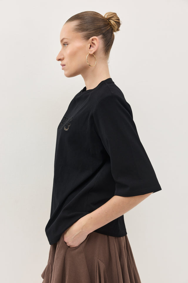 חולצת SPRING תחרה כריות כתפיים נשלפות שחורה