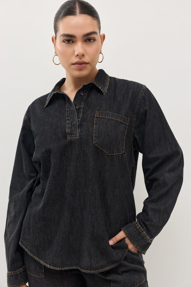 חולצת ג'ינס זואי פולו וואש כחול כהה