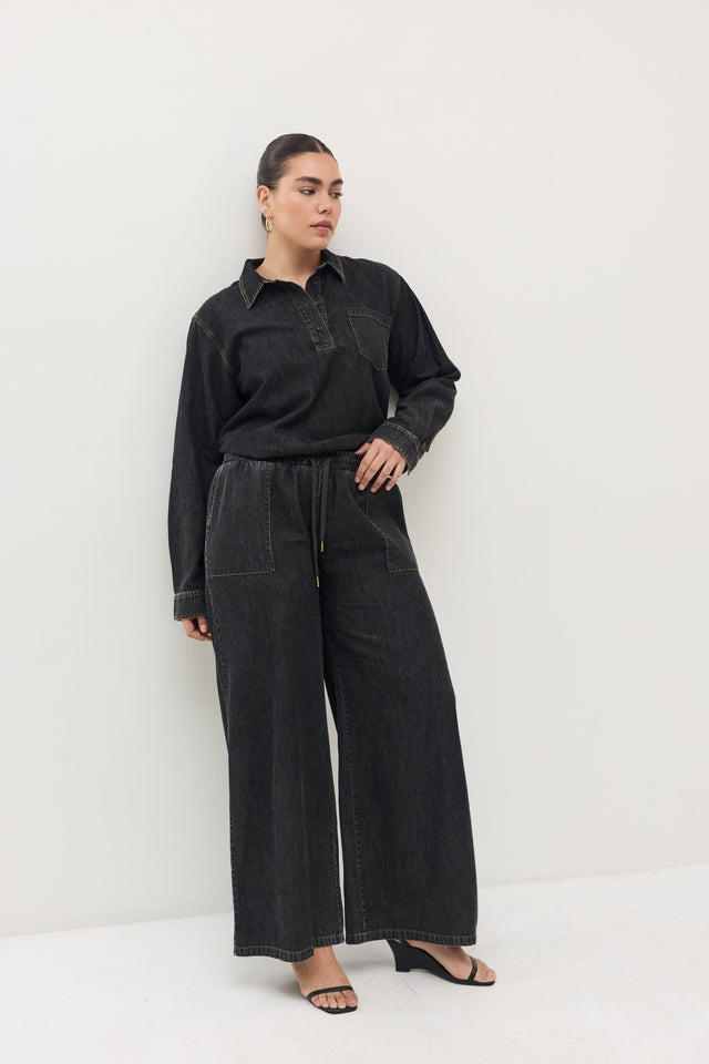 מכנסי ג'ינס זואי גומי במתניים וואש שחור