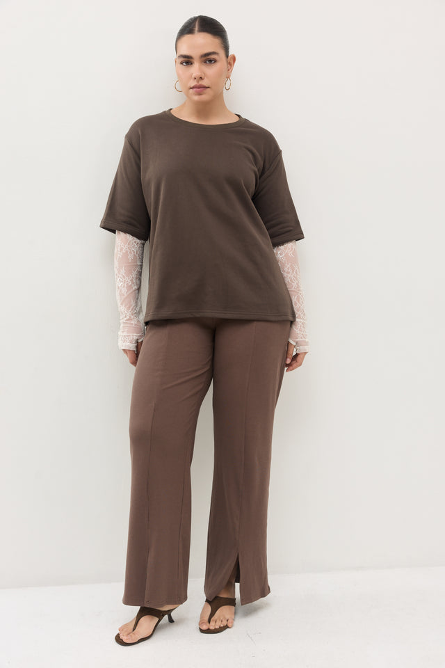 חולצת ספיריט מפתח עגול קצרה שרוולי תחרה חומה