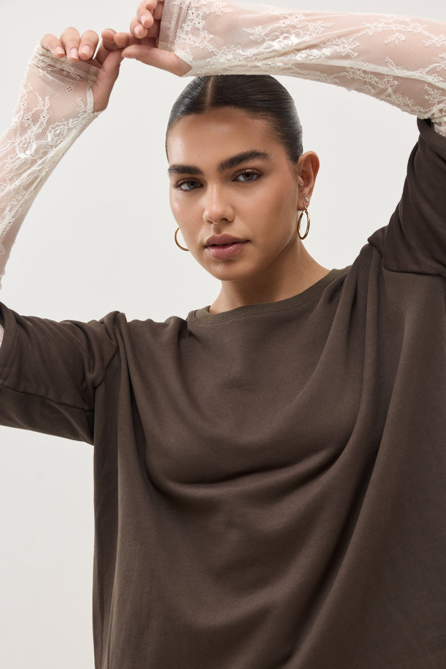 חולצת ספיריט מפתח עגול קצרה שרוולי תחרה חומה