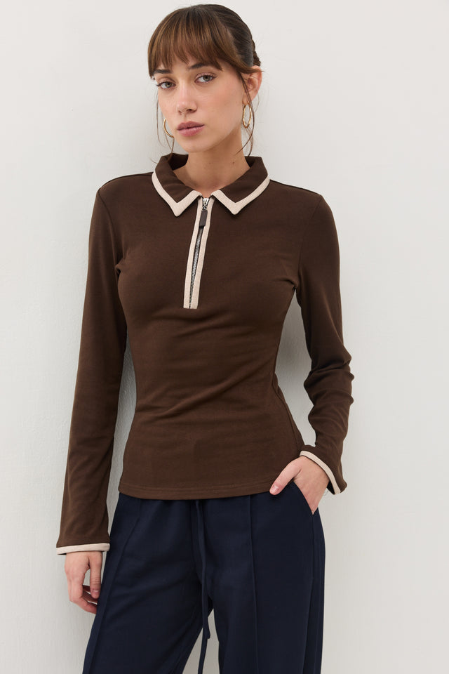 חולצת זיפר פולו ארוכה חום שוקולד בז'