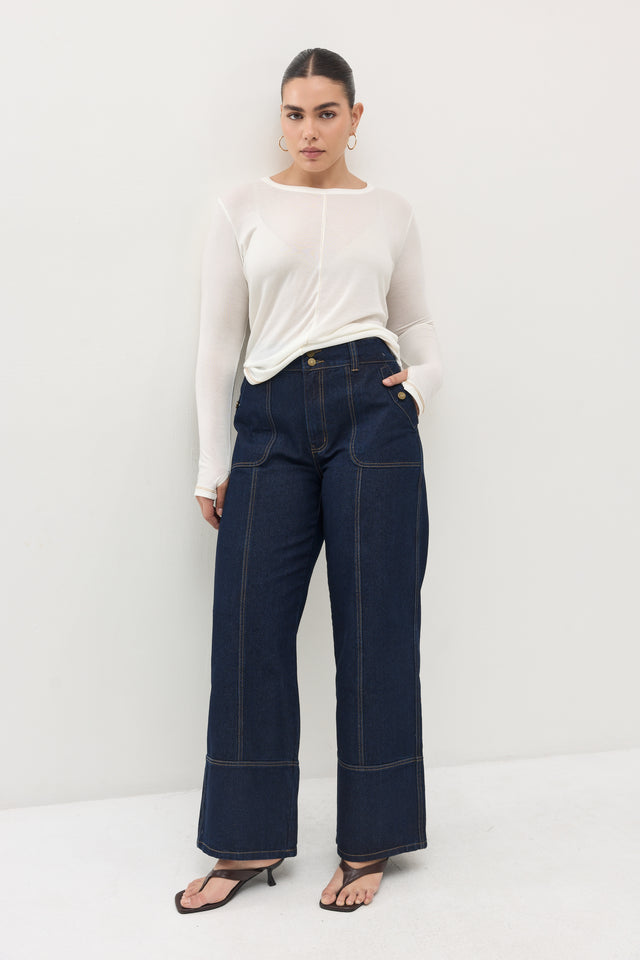 מכנסי ג'ינס קאנולי דיטייל תיפורים כחול כהה