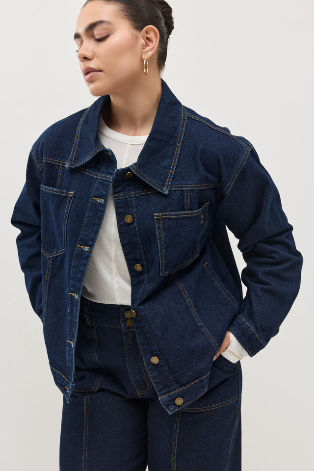 ז'קט ג׳ינס קאנולי תיפורים כחול כהה