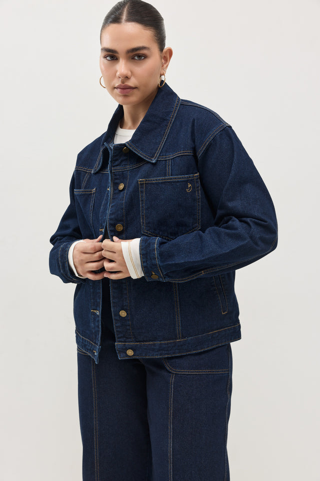 ז'קט ג׳ינס קאנולי תיפורים כחול כהה