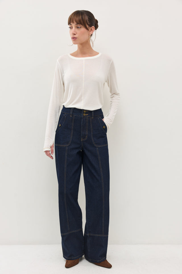 מכנסי ג'ינס קאנולי דיטייל תיפורים כחול כהה