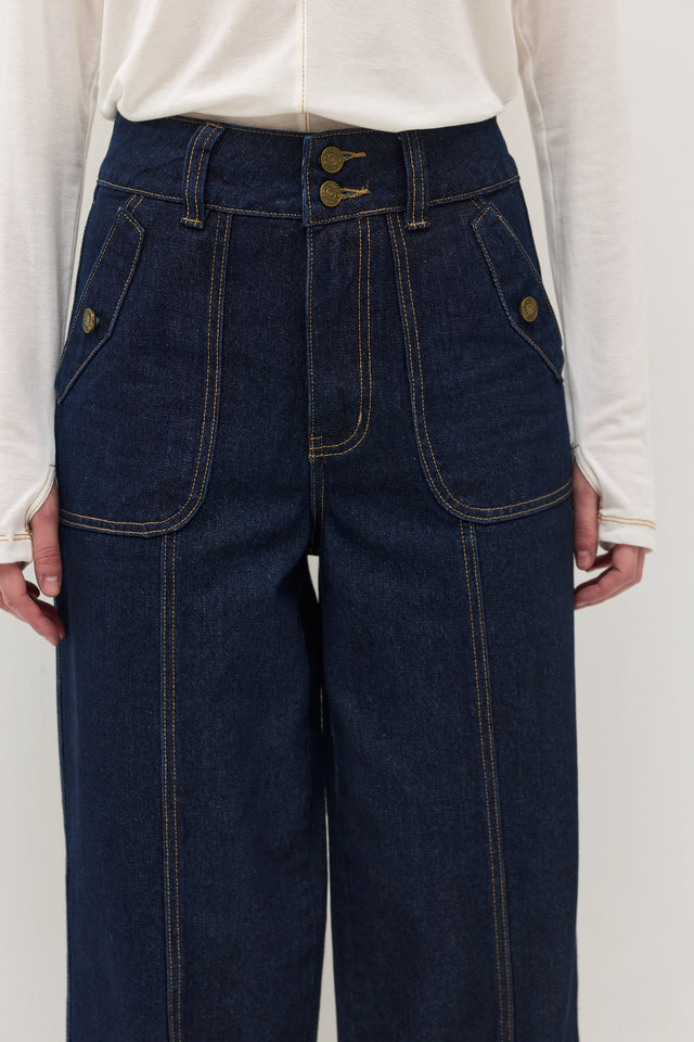 מכנסי ג'ינס קאנולי דיטייל תיפורים כחול כהה