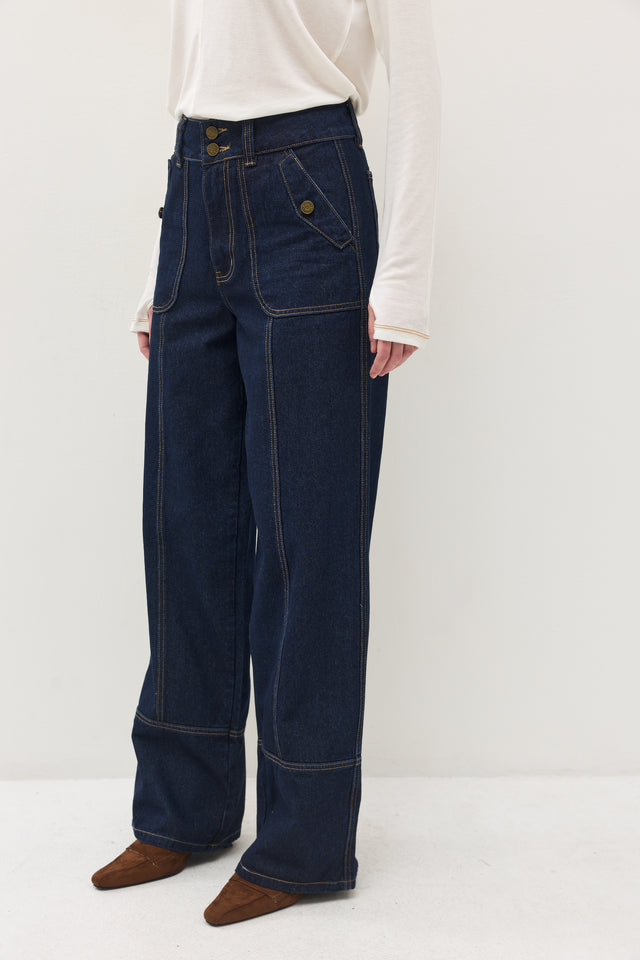 מכנסי ג'ינס קאנולי דיטייל תיפורים כחול כהה