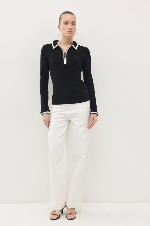 חולצת זיפר פולו ארוכה שחור לבן