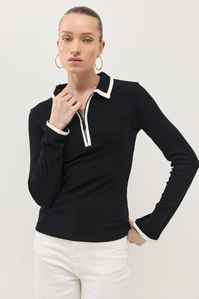 חולצת זיפר פולו ארוכה שחור לבן