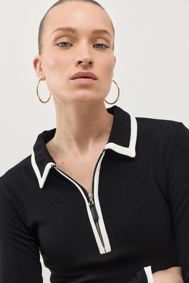 חולצת זיפר פולו ארוכה שחור לבן