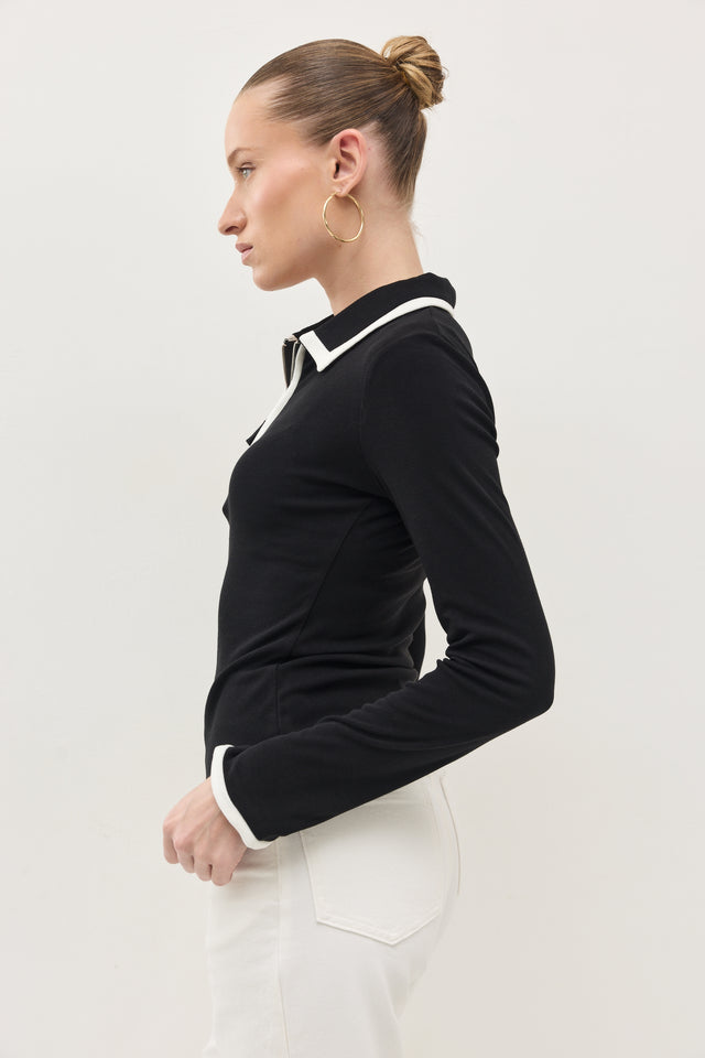 חולצת זיפר פולו ארוכה שחור לבן