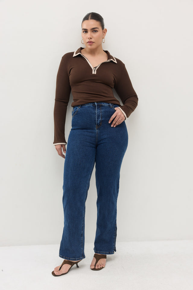 חולצת זיפר פולו ארוכה חום שוקולד בז'