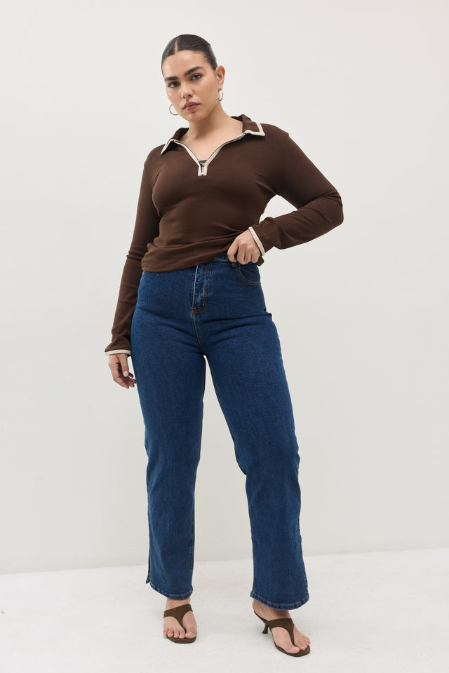 חולצת זיפר פולו ארוכה שחור לבן