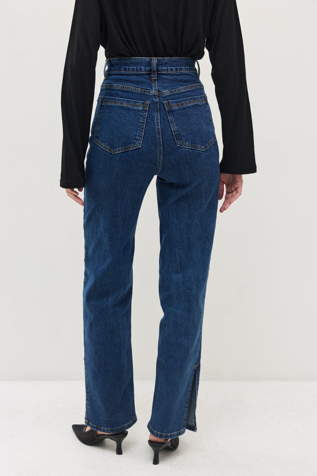 מכנסי ג'ינס גולדי ארוך דיטייל מפתח צדדי כחול כהה