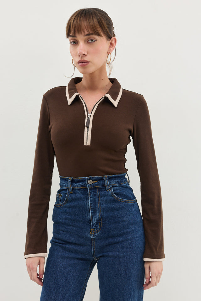 חולצת זיפר פולו ארוכה חום שוקולד בז'