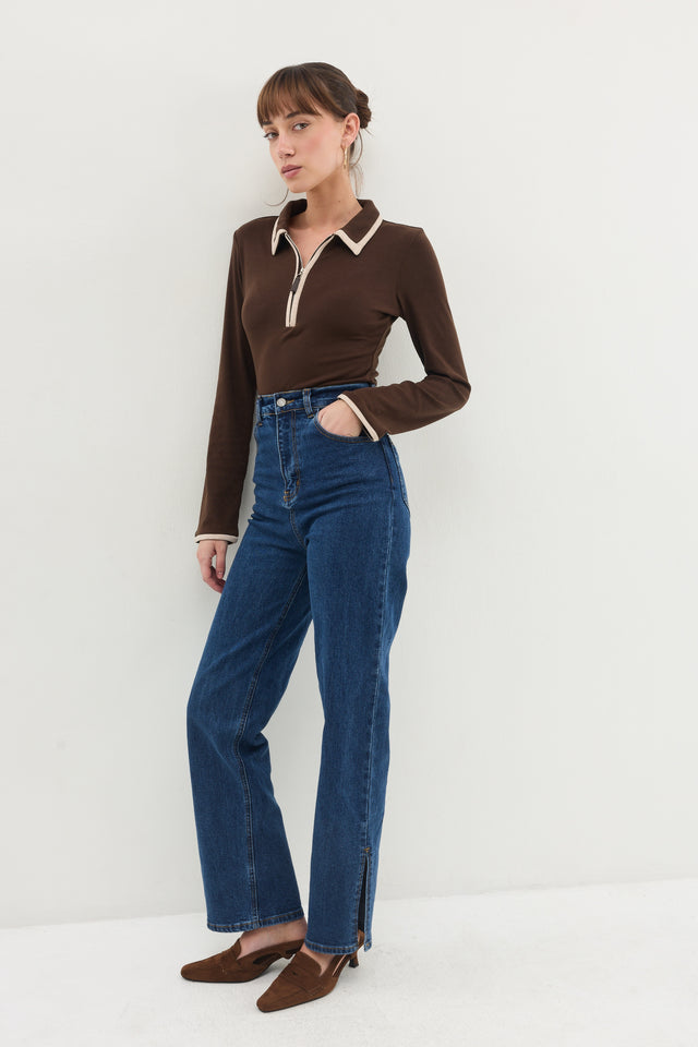 חולצת זיפר פולו ארוכה חום שוקולד בז'