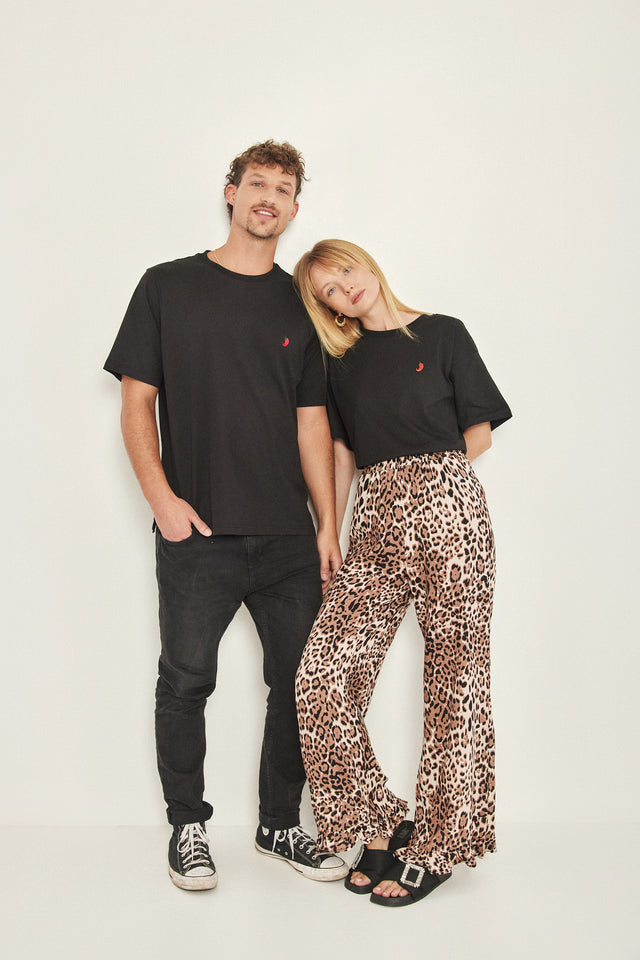 מכנסיים וייב כותנה גומי ודיטייל פפלום ארוכים מנומרים